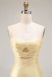 Yellow Strapless Mermaid Cut Out Beaded Prom Dress