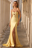 Strapless Yellow Mermaid Cut Out Prom Dress