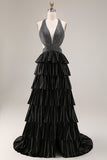 Black A Line Beaded Halter Tiered Long Prom Dress with Slit