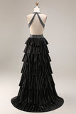 Black A Line Beaded Halter Tiered Long Prom Dress with Slit