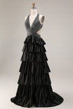 Black A Line Beaded Halter Tiered Long Prom Dress with Slit