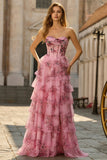 Sweetheart Blush Floral A Line Corset Tulle Tiered Long Prom Dress with Ruffles