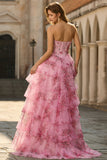 Sweetheart Blush Floral A Line Corset Tulle Tiered Long Prom Dress with Ruffles