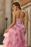 Sweetheart Blush Floral A Line Corset Tulle Tiered Long Prom Dress with Ruffles