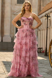 Blush Floral Corset Strapless Tulle A Line Tiered Ruffle Plus Size Long Prom Dress
