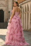 Blush Floral Corset Strapless Tulle A Line Tiered Ruffle Plus Size Long Prom Dress