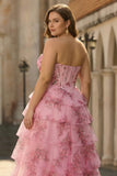 Blush Floral Corset Strapless Tulle A Line Tiered Ruffle Plus Size Long Prom Dress