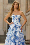 Sweetheart Blush Floral A Line Corset Tulle Tiered Long Prom Dress with Ruffles