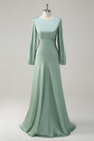 Agave A-Line Round Neck Satin Long Bridesmaid Dress with Long Sleeves