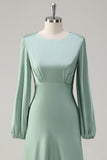 Agave A-Line Round Neck Satin Long Bridesmaid Dress with Long Sleeves