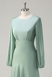 Agave A-Line Round Neck Satin Long Bridesmaid Dress with Long Sleeves