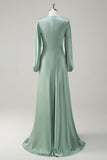 Agave A-Line Round Neck Satin Long Bridesmaid Dress with Long Sleeves