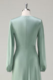 Agave A-Line Round Neck Satin Long Bridesmaid Dress with Long Sleeves