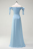 Dusty Blue Off The Shoulder Ruched Long Bridesmaid Dress with Bow Shoulder Strap