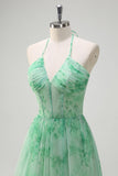 Green A-Line Halter Floral Corset Ruffled Long Prom Dress with Slit