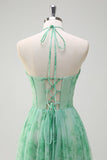 Green A-Line Halter Floral Corset Ruffled Long Prom Dress with Slit