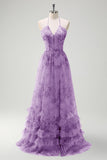 Green A-Line Halter Floral Corset Ruffled Long Prom Dress with Slit