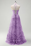 Green A-Line Halter Floral Corset Ruffled Long Prom Dress with Slit
