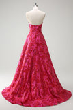 Fuchsia Sweetheart Princess Floral Jacquard Corset Long Prom Dress with Slit