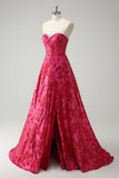 Fuchsia Sweetheart Princess Floral Jacquard Corset Long Prom Dress with Slit