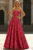Fuchsia A-Line Floral Strapless Long Prom Dress