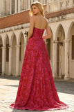Fuchsia A-Line Floral Strapless Long Prom Dress