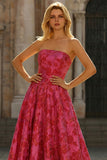 Strapless Fuchsia Jacquard A-Line Long Prom Dress