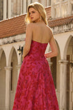 Strapless Fuchsia Jacquard A-Line Long Prom Dress