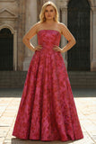 Strapless Fuchsia A-Line Jacquard Plus Size Long Prom Dress