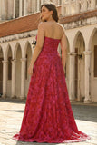Strapless Fuchsia A-Line Jacquard Plus Size Long Prom Dress