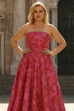 Strapless Fuchsia A-Line Jacquard Plus Size Long Prom Dress