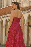 Strapless Fuchsia A-Line Jacquard Plus Size Long Prom Dress