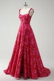 A-Line Spaghetti Straps Floral Jacquard Fuchsia Long Prom Dress with Slit