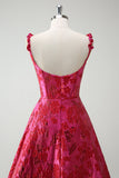 A-Line Spaghetti Straps Floral Jacquard Fuchsia Long Prom Dress with Slit