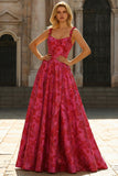 A-Line Spaghetti Straps Floral Jacquard Fuchsia Long Prom Dress with Slit