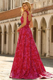 A-Line Spaghetti Straps Floral Jacquard Fuchsia Long Prom Dress with Slit