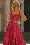 Fuchsia Jacquard Spaghetti Straps A-Line Long Prom Dress with Slit