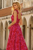 Fuchsia Jacquard Spaghetti Straps A-Line Long Prom Dress with Slit