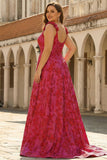 Fuchsia Floral A-Line Spaghetti Straps Jacquard Plus Size Long Prom Dress