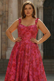 Fuchsia Floral A-Line Spaghetti Straps Jacquard Plus Size Long Prom Dress