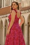 Fuchsia Floral A-Line Spaghetti Straps Jacquard Plus Size Long Prom Dress