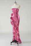 Sparkly Fuchsia Strapless Metallic Prom Dress with Slit