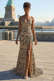 Sparkly Khaki Leopard Sequins Mermaid Long Corset Dress with Slit