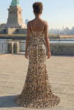 Sparkly Khaki Leopard Sequins Mermaid Long Corset Dress with Slit