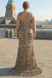 Kahki Leopard Corset Mermaid Spaghetti Straps Plus Size Prom Dress With Slit