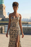 Kahki Leopard Corset Mermaid Spaghetti Straps Long Prom Dress With Slit