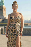 Kahki Leopard Corset Mermaid Spaghetti Straps Plus Size Prom Dress With Slit