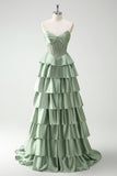 Green Princess Sweetheart Satin Tiered Long Corset Prom Dress with Slit