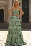 Green Princess Sweetheart Satin Tiered Long Corset Prom Dress with Slit