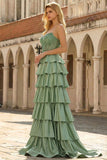Green Sweetheart Satin Tiered Beaded Corset Long Prom Dress with Slit